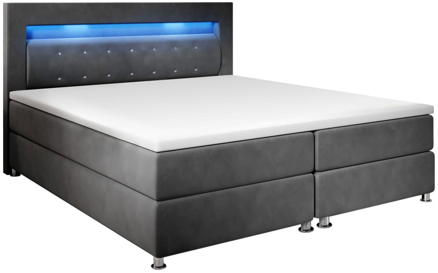 Juskys Boxspringbett Vancouver 140x200 cm – Doppelbett mit LED-Beleuchtung, Topper & Bonell-Federkern-Matratzen – Bett Polsterbett Grau mit Stoff Bild 1