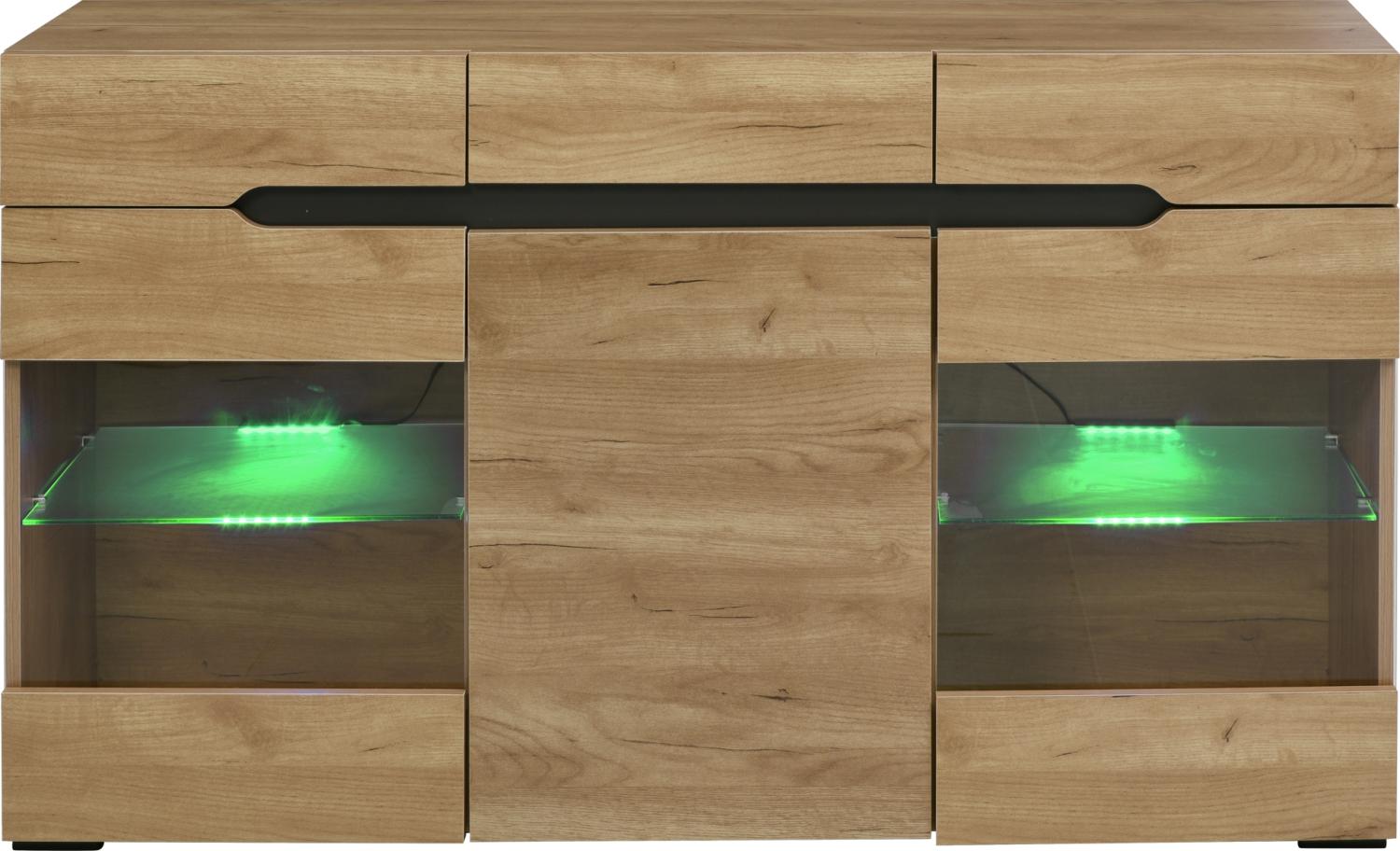 Merax LED Sideboard Schrank Modern Wohnzimmer Anrichte Möbel 3 Türen 3 Schubladen Moderne Kommode, Oak Bild 1