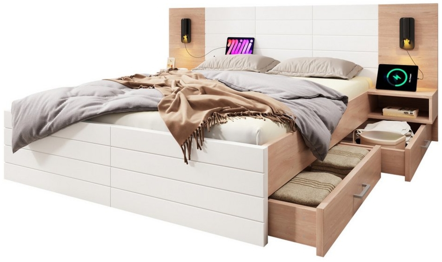 TavilaEcon Holzbett Doppelbett mit 2 Schubladen & 2 Nachtkommode, Weiß & Natur (Ohne Matratze), Kopfteil Leselicht mit USB Ladefunktion, 180×200cm Bild 1