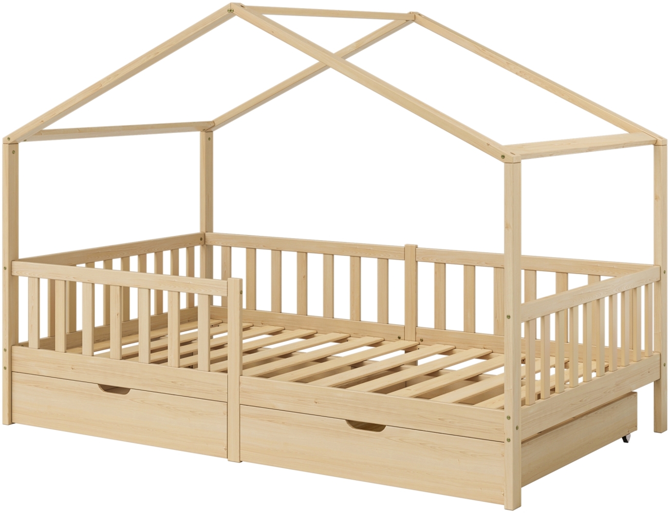 Bellabino 'Bia' Hausbett 120x200 cm mit 2 Schubladen, natur, Kiefer Massivholz, Montessori Kinderbett mit Stauraum, inkl. Rausfallschutz und Lattenrost Bild 1