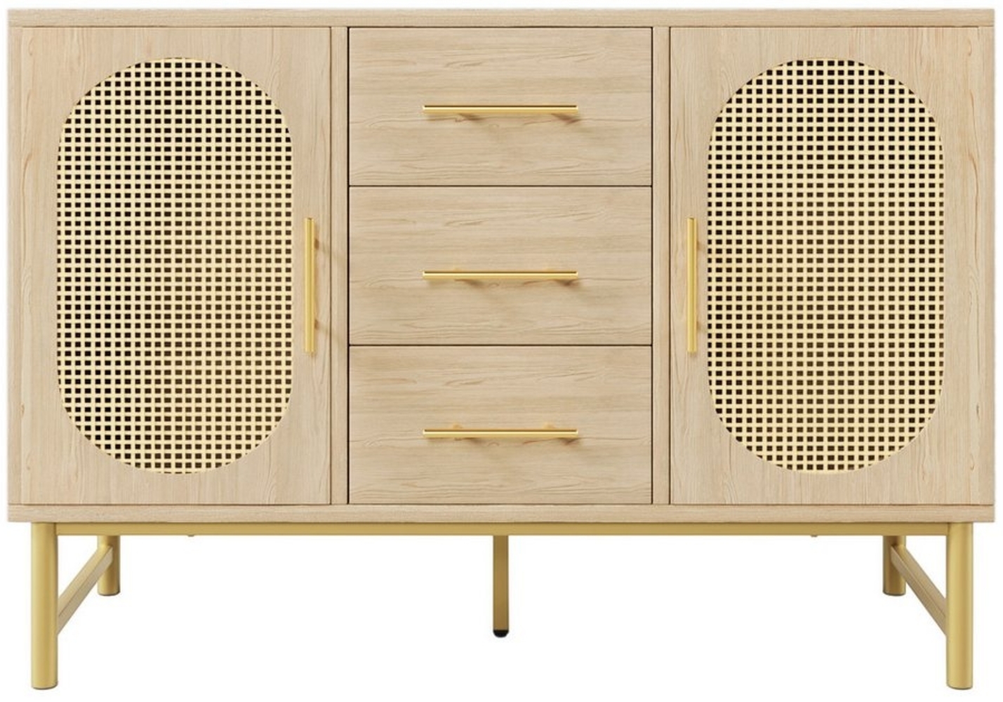 TavilaEcon Kommode Sideboard mit 3-Schubladen und 2-Rattan-Türer, 120 x 40 x 74 cm, natur Bild 1