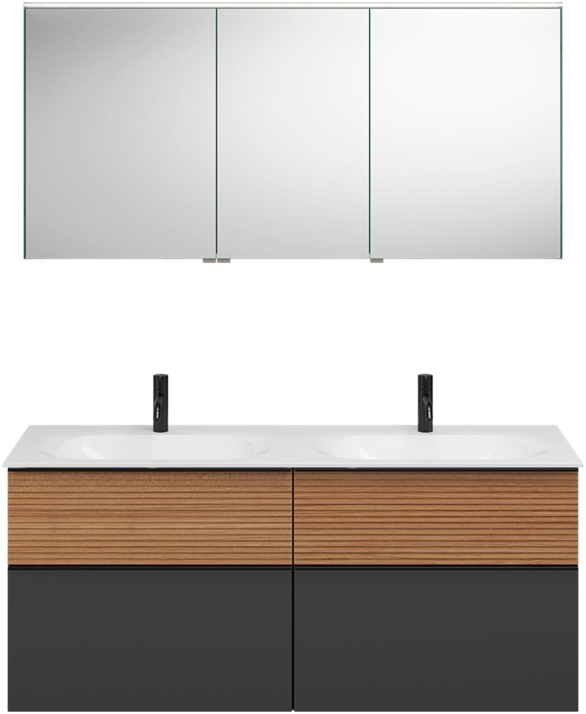 Burgbad FIUMO Waschtisch Set mit Spiegelschrank 142 cm breit, Braun/Anthrazit, Doppelwaschbecken Gussmarmor Weiß, 4 Schubladen, Anschlag rechts Bild 1