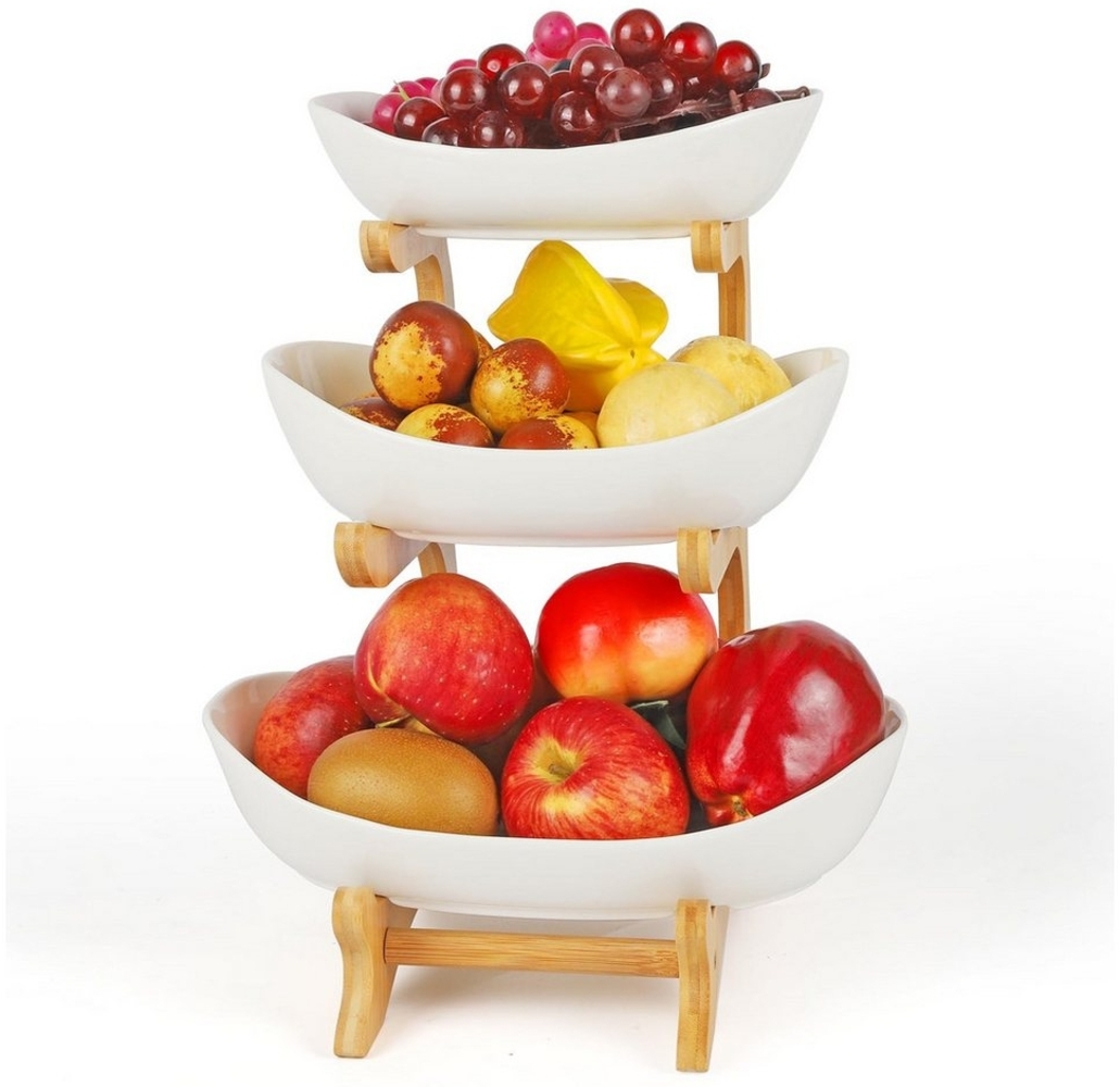 SURFOU Obstschale Obstkorb Etagere 3 Etagen aus Holz – Keramikteller für Obst und Snacks, (Mehrstöckiger Obstkübel aus Holz mit Keramikschalen, 1-tlg), Dekoschale für Küche und Arbeitsplatte Bild 1