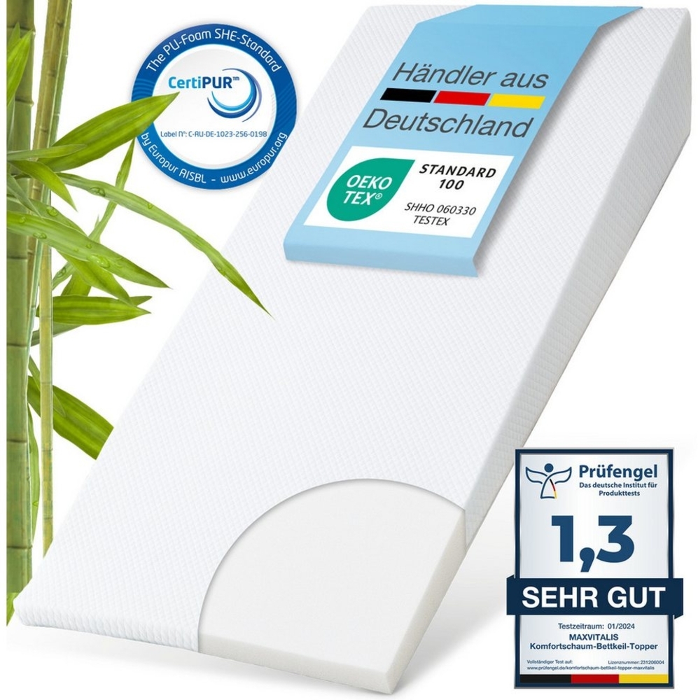 ELONEO, Topper Keilmatratze, 90x200, 140x200, 180x200 und weitere Größen, 14 cm hoch, Komfortschaum, für Hausstauballergiker, schadstoffgeprüft, mit waschbarem Bezug Bild 1