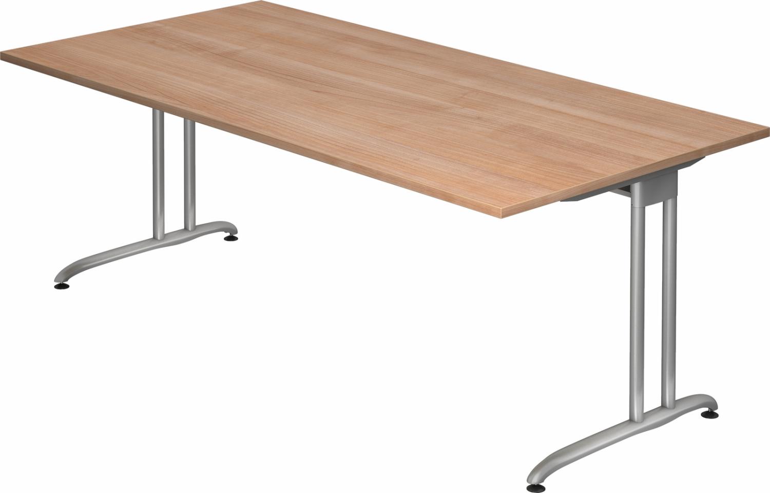 bümö Schreibtisch groß, Serie 200x100 cm, Tischplatte aus Holz in Nussbaum, Gestell aus Metall in Silber - PC Tisch, großer Computertisch für's Büro, Office Bürotisch, BS-2E-N Bild 1