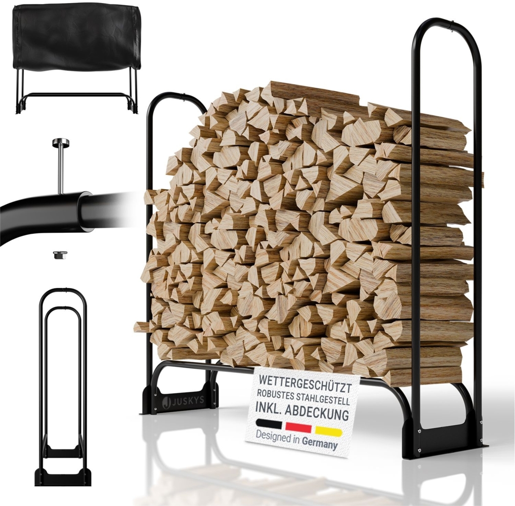 Juskys Kaminholzregal M 130x117x36 cm – Schwarz, Brennholzregal aus Stahl mit Abdeckung, Holzunterstand für Garten & Terrasse, 200 kg belastbar Bild 1