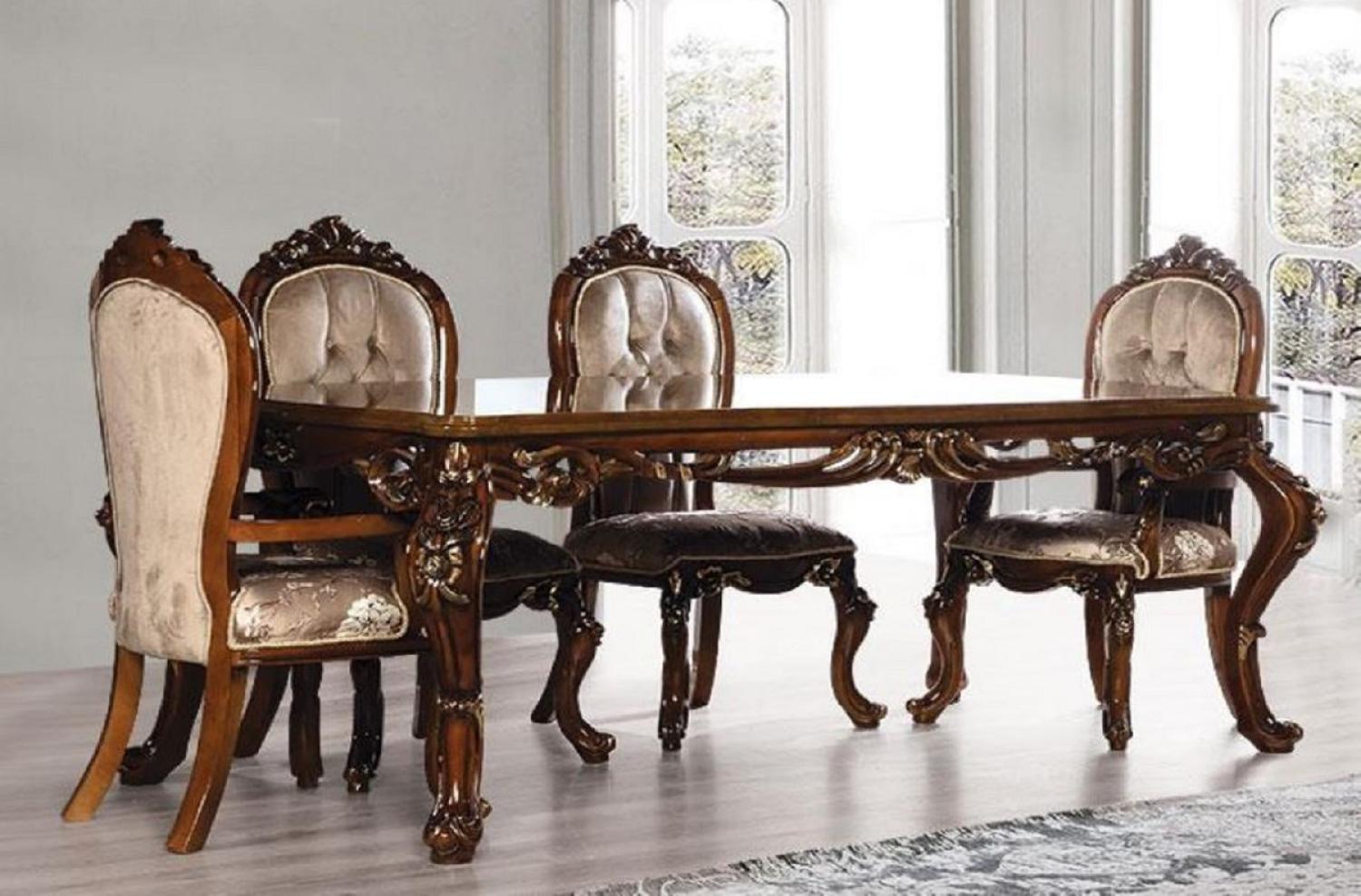 Casa Padrino Luxus Barock Esszimmer Set Grau / Braun / Gold - 1 Barock Esstisch & 6 Barock Esszimmerstühle - Esszimmer Möbel im Barockstil - Edel & Prunkvoll Bild 1