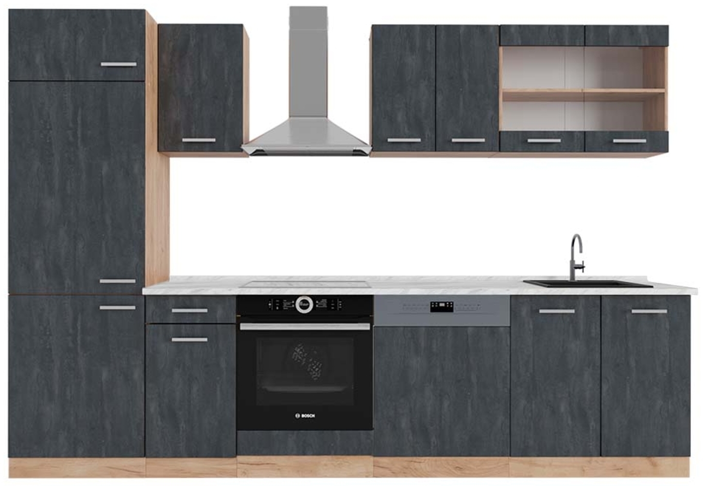 Küchenzeile R-Line Schwarz Beton/Goldkraft Eiche 300 cm AP Marmor Vicco Bild 1