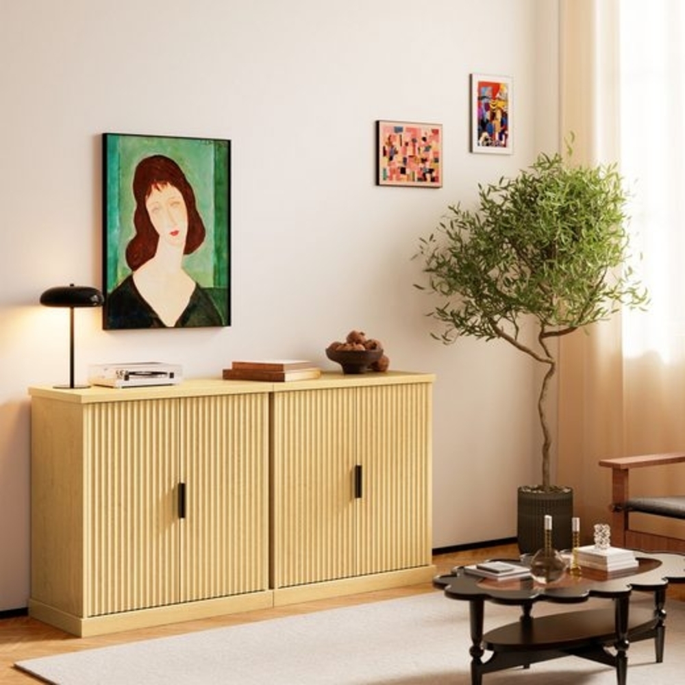 VASAGLE MAXE Kollektion - Sideboard, Küchenschrank, 2er Set Aufbewahrungsschrank mit Verstellbarer Ablage, geriffelte Türen, Übergangsstil, Küche, Esszimmer, von SONGMICS, eichenbeige ZH2DE505001 Bild 1