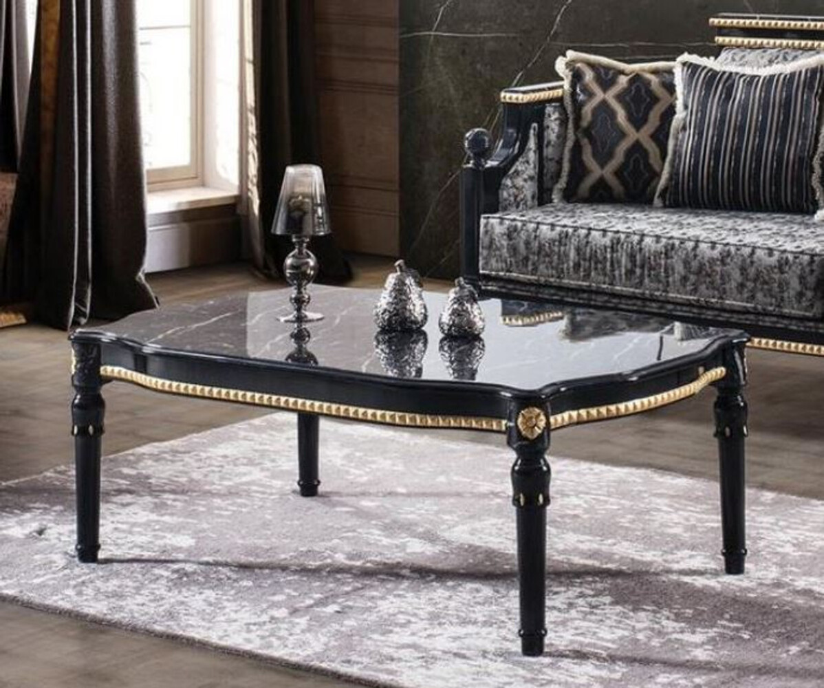 Casa Padrino Luxus Barock Couchtisch Schwarz / Gold 115 x 75 x H. 45 cm - Rechteckiger Wohnzimmertisch mit Glasplatte in Marmoroptik - Edle Wohnzimmer Möbel im Barockstil Bild 1