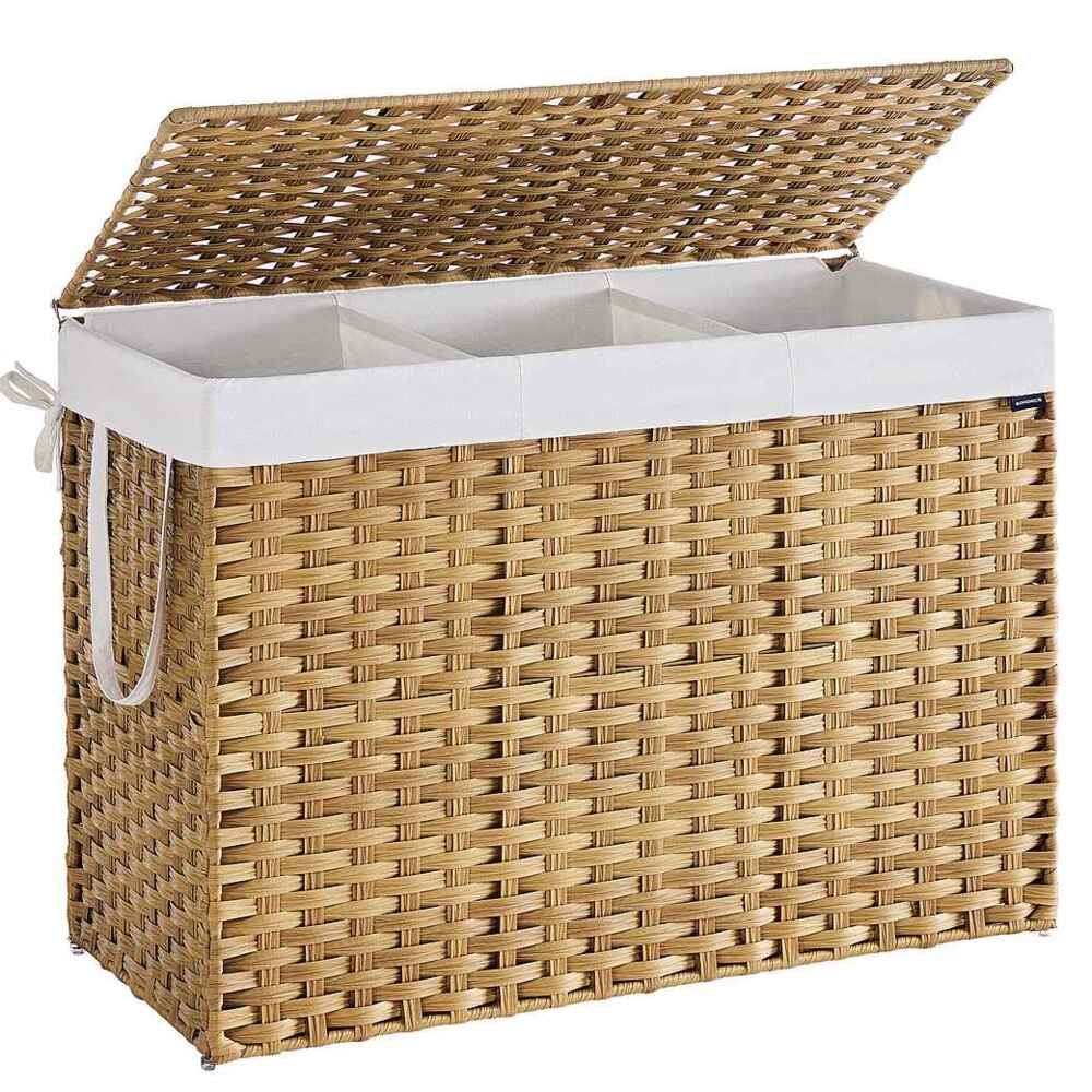 SONGMICS Wäschekorb 3 Fächern, Wäschesammler 200 L, Wäschebox aus synthetischem Rattan, mit Deckel und Griffen, geflochten, faltbar, herausnehmbarer Wäschesack, naturfarben LCBDE320Y01 Bild 1
