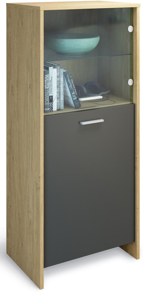 Domando Vitrine Matera skandinvisch moderne Glasvitrine, Vitrinenschrank für Wohnzimmer, Soft-Close Scharnier gebürstete Aluminiumgriffe 53 x 120 x 36 cm Eiche Classic und Grau Graphit rechtsöffnend Bild 1