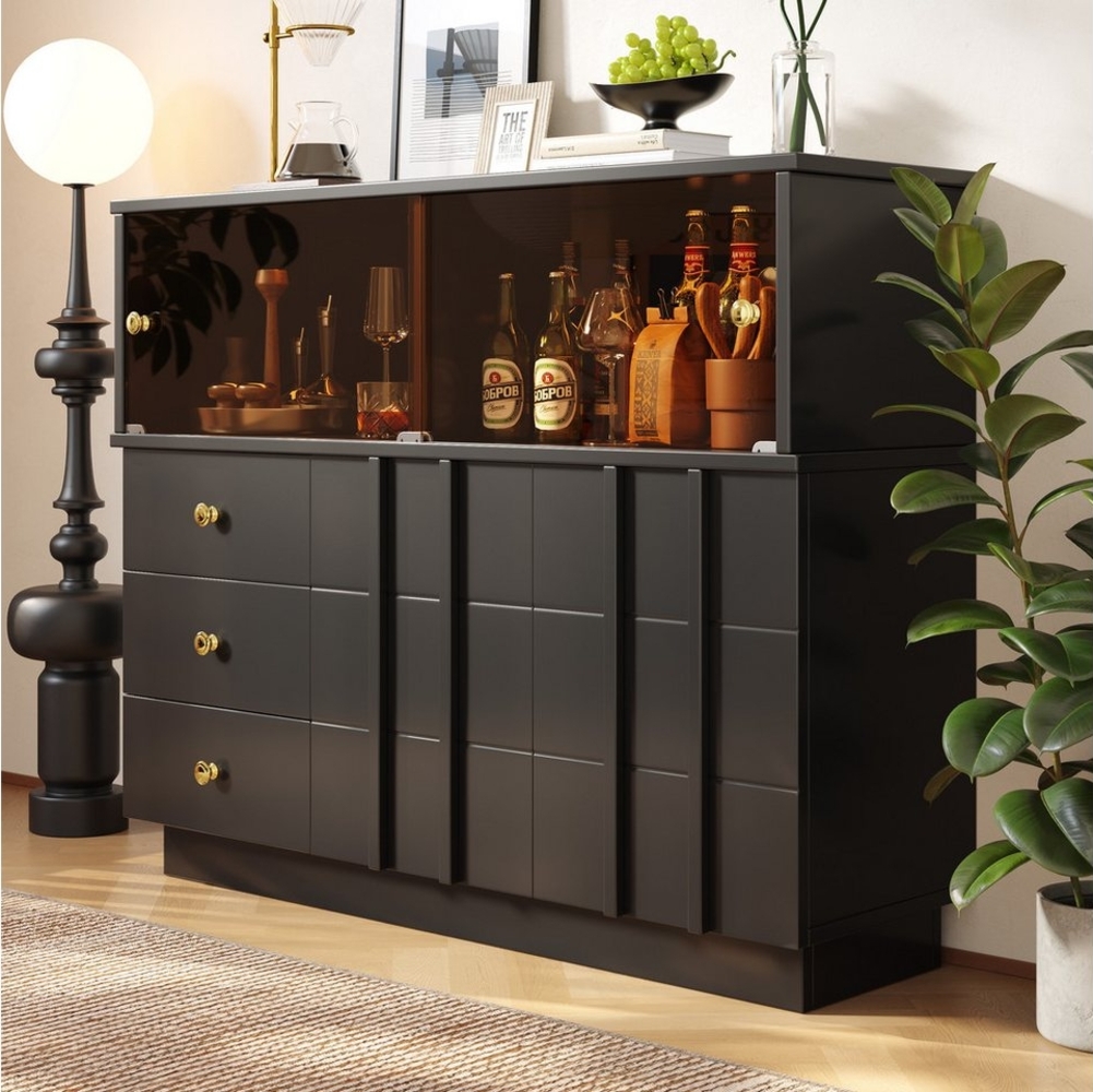 Celya Sideboard Küchenschrank,Sideboard Glastüren,Aufbewahrungsschrank,Buffetschrank, für Küche,Esszimmer und Wohnzimmer,Schwarzer Schrank,Glastüren Bild 1