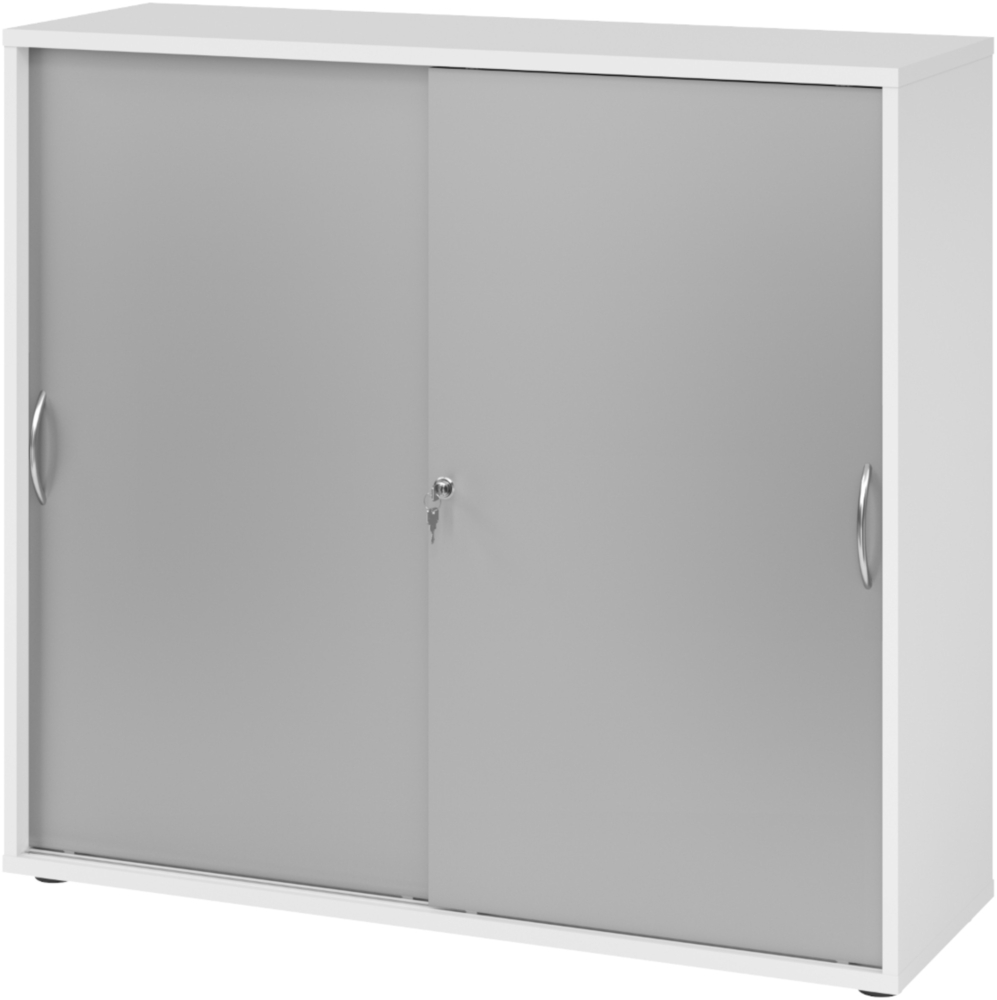 bümö Schiebetürenschrank 3OH - Aktenschrank abschließbar, Sideboard Schrank mit Schiebetüren in Weiß/Silber, Bogengriff - Büroschrank aus Holz mit Schiebetür, Büro Kommode für Ordner & Co, 1753S-W-S-BM Bild 1
