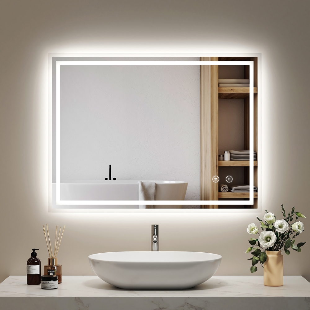 EMKE Badspiegel mit LED Beleuchtung, 80×60cm, Kaltweiß Licht, Beschlagfrei, Speicherfunktion Lichtspiegel Bild 1