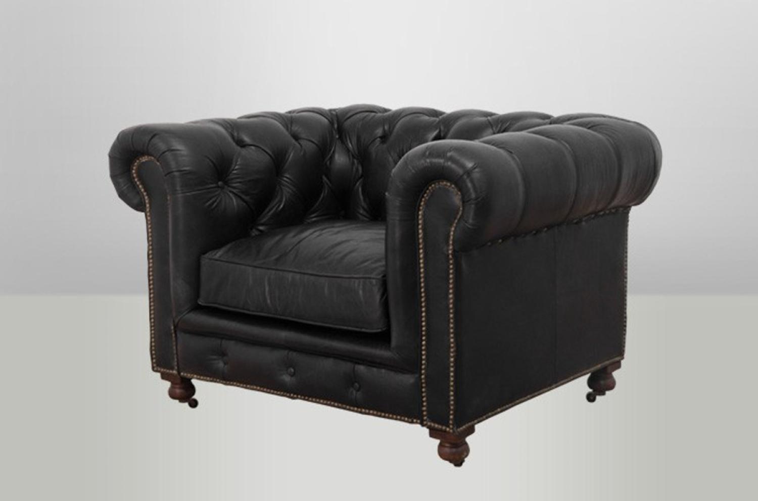 Chesterfield Luxus Echt Leder Sessel Vintage Leder von Casa Padrino Old Saddle Black - Club Sessel Bild 1