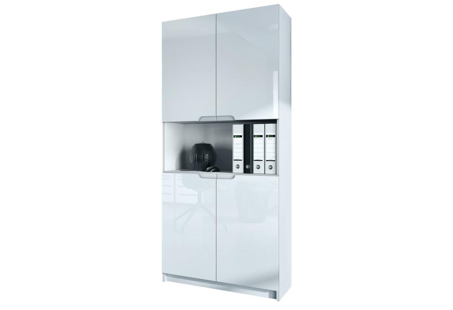 Vladon Büroschrank Logan V2, Aktenschrank mit 5 Fächern und 4 Türen, Weiß matt/Weiß Hochglanz (82 x 184 x 37 cm) Bild 1