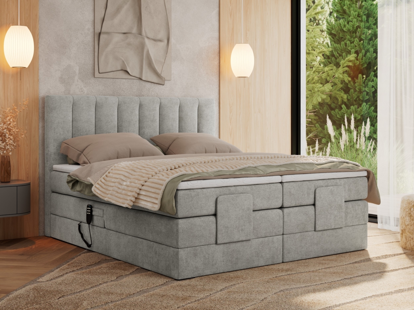 Boxspringbett mit elektrisch verstellbaren Matratzen, zwei Bettkästen und einem Topper - COMFORTO - 200 x 200 cm - Hellgrau Struktur - H4 Bild 1