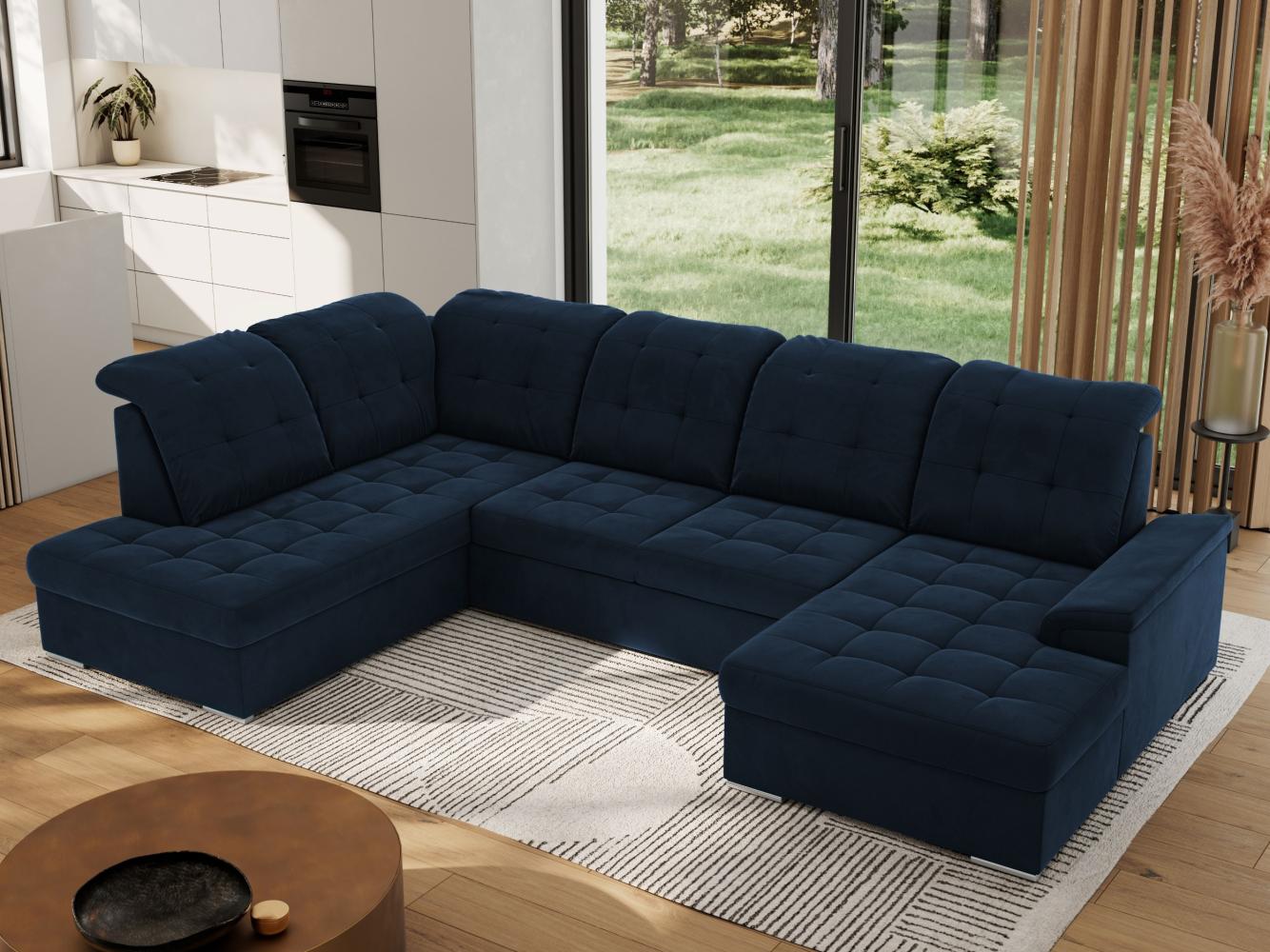 Ecksofa, Wohnzimmer U Couch, Polstersofa mit Bettkasten - MADRITO U - Dunkelblau Velorus - Links Bild 1