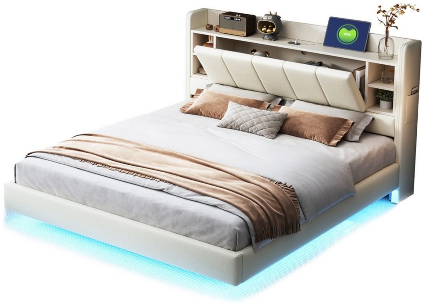 OKWISH Polsterbett Funktionsbett,Stauraumbett,Doppelbett,Gästebett,Jugendbett (Polsterbett, mit Wendbarem Kopfteil, USB-Anschluss & LED-Lichtleiste, Stauraum, Beige, Stabiler Metallrahmen für Schlafzimmer & Jugendzimmer, Polsterbett 160x200 cm) Bild 1