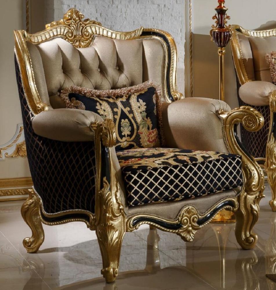 Casa Padrino Luxus Barock Sessel Gold / Schwarz / Mehrfarbig / Gold - Prunkvoller Wohnzimmer Sessel mit elegantem Muster - Barock Wohnzimmer Möbel Bild 1