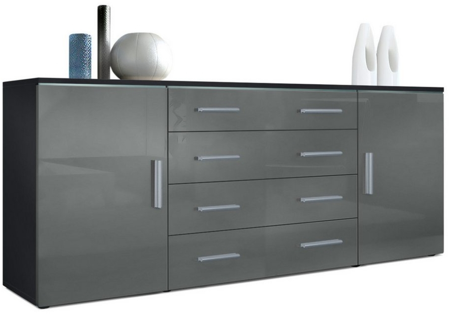 Vladon Sideboard Faro V2, Kommode mit 2 Türen und 4 Schubladen, Schwarz matt/Grau Hochglanz (166 x 72 x 35 cm) Bild 1