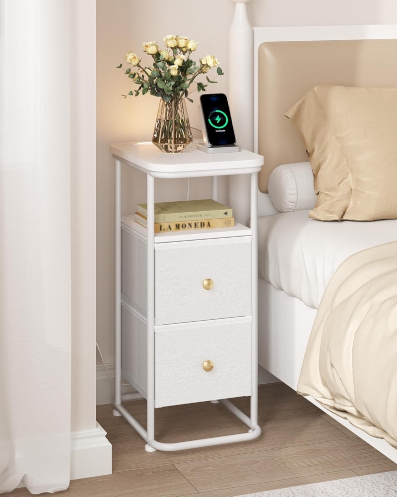 Nachttisch, Schmal Beistelltisch mit LED-Beleuchtung, 1 USB-A-Anschluss, 1 USB-C-Anschluss, Nachttische mit 2 Schubladen, Modern, für Schlafzimmer, Wohnzimmer, Weiß Bild 1