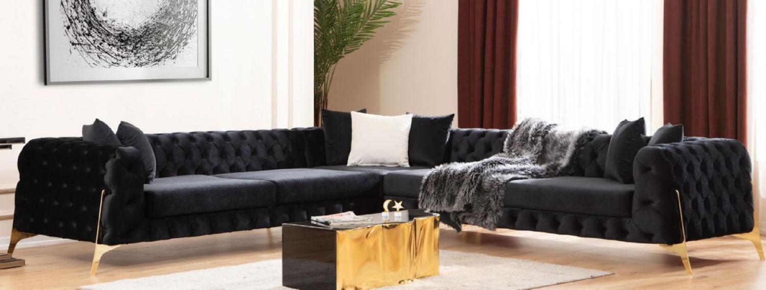 Casa Padrino Luxus Chesterfield Ecksofa Schwarz / Gold 310 x 270 x H. 70 cm - Chesterfield Wohnzimmer Sofa - Wohnzimmer Möbel - Luxus Chesterfield Möbel - Luxus Wohnzimmer Einrichtung Bild 1