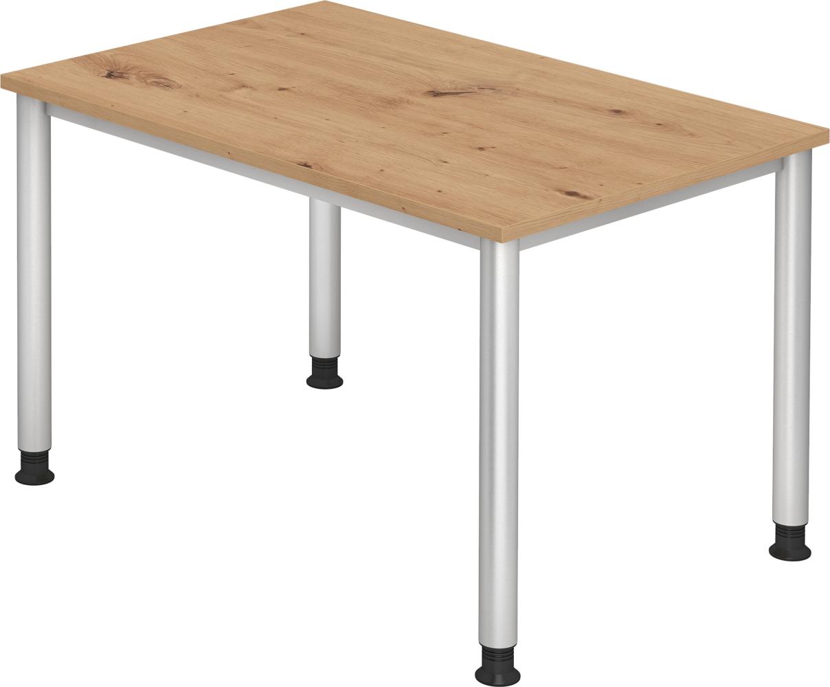 bümö höhenverstellbarer Schreibtisch H-Serie 120x80 cm in Asteiche, Gestell in Silber - PC Tisch klein für's Büro manuell höhenverstellbar, Computertisch verstellbar, HS-12-R Bild 1