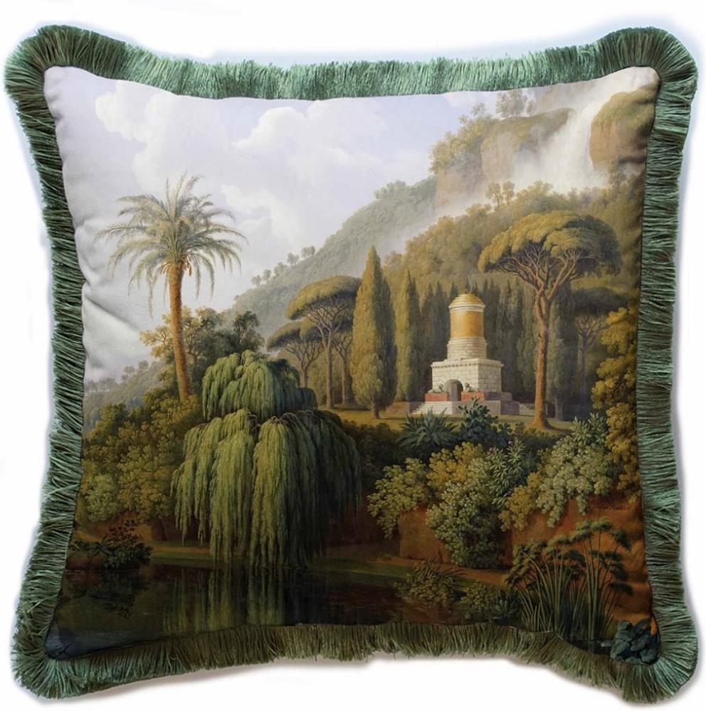 Casa Padrino Luxus Deko Kissen Landschaft Mehrfarbig / Grün 45 x 45 cm - Bedrucktes Samt Kissen mit Fransen - Luxus Deko Accessoires Bild 1