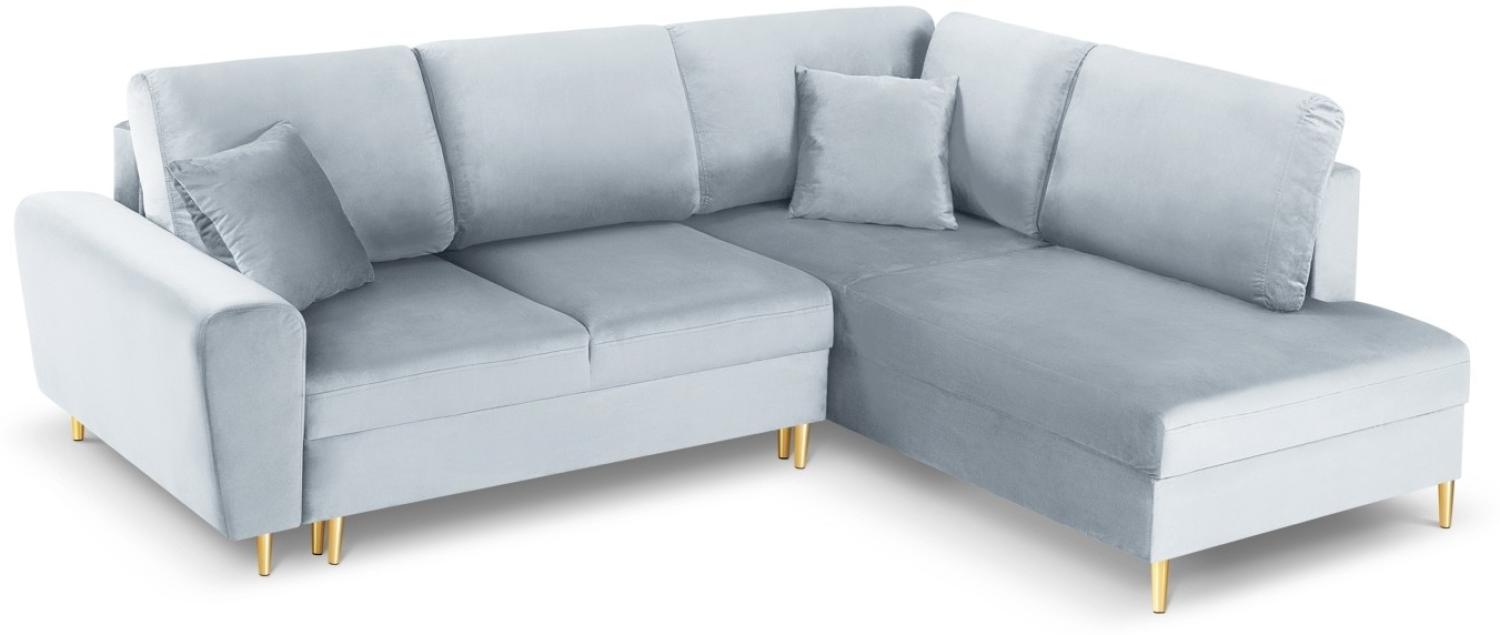 Micadoni 5-Sitzer Samtstoff Ecke rechts Sofa mit Bettfunktion und Box Moghan | Bezug Light Blue | Beinfarbe Gold Metal Bild 1