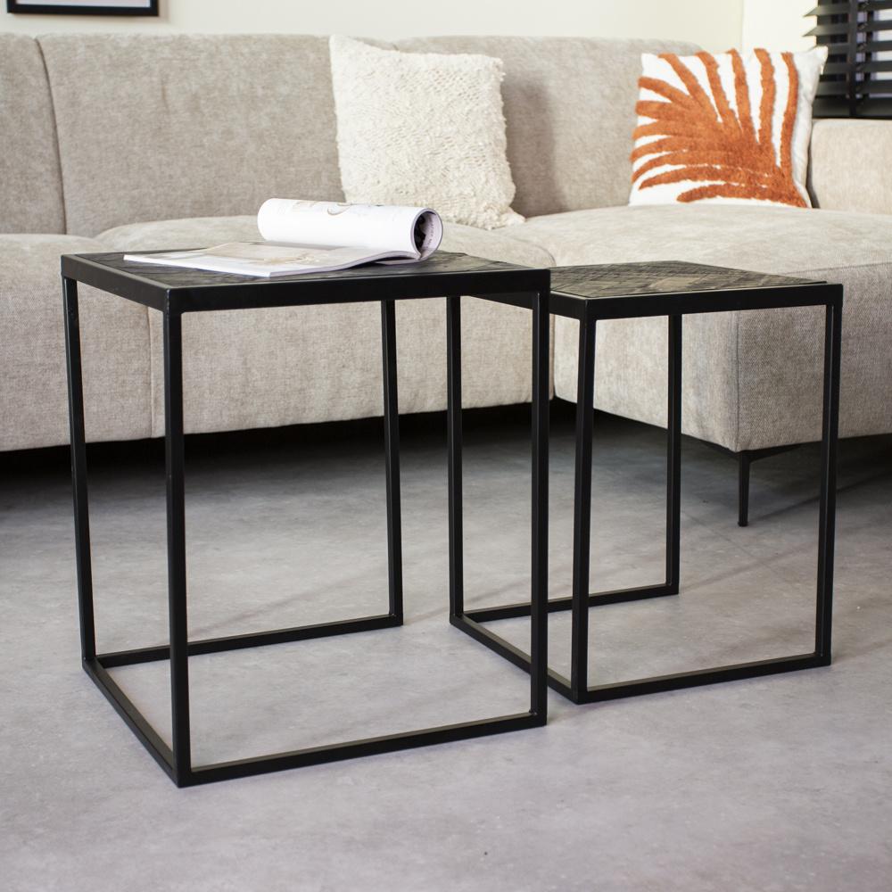 Dulce Beistelltisch Industrial 2er-Set Schwarz Teakholz Bild 1