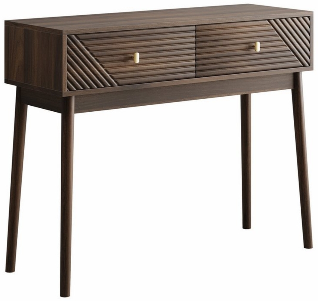 OKWISH Schreibtisch mit Schubladen und offenen Ablageflächen (Mid-Century Modern Konsolentisch mit Schubladen aus Walnuss – Retro Empfangstisch), mit Schubladen Bild 1