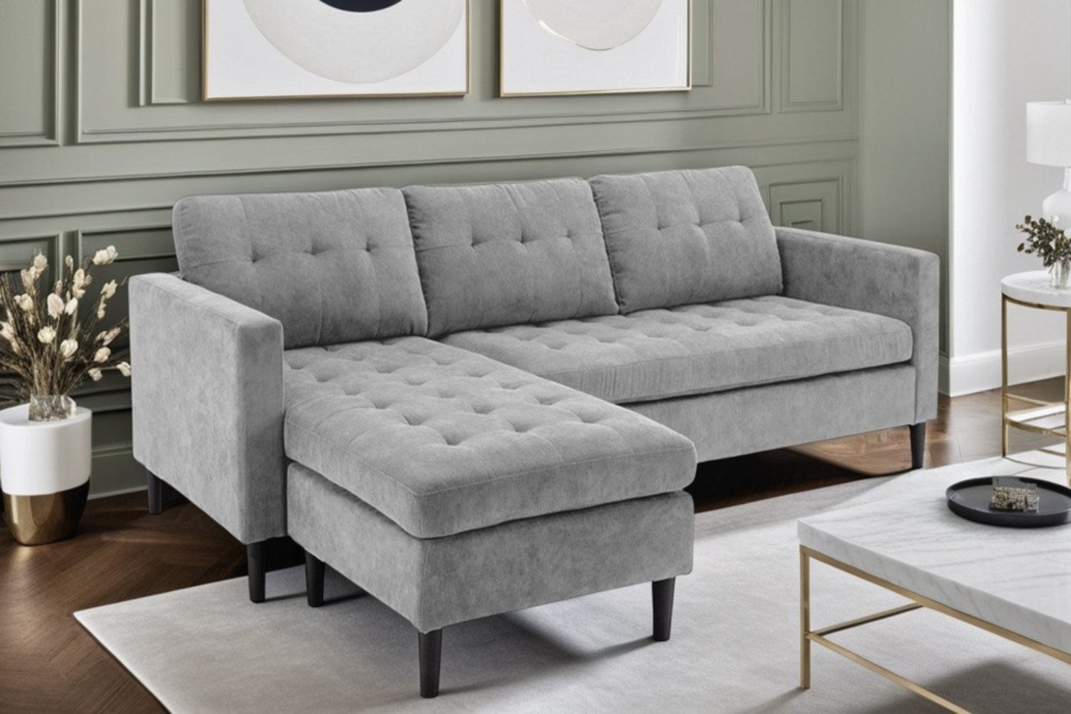 riess-ambiente 3-Sitzer STOCKHOLM 220cm grau · 3-Sitzer aus Cordstoff mit Federkern & Ottomane, Einzelartikel 1 Teile, L-Form · Rücken echt bezogenes Bigsofa · Ottomane frei montierbar Bild 1