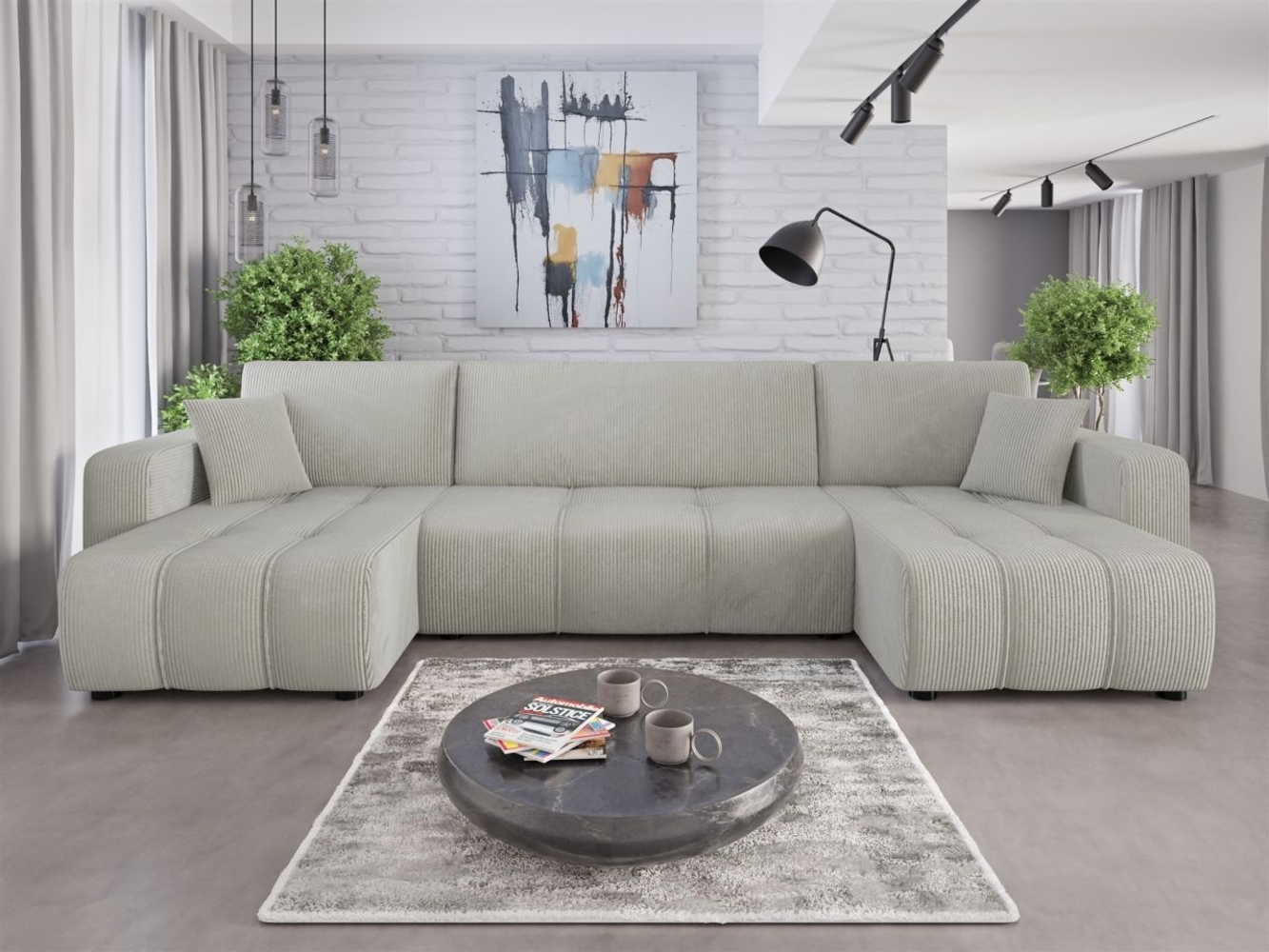 Wohnlandschaft mit Schlaffunktion DAGNY Sofa U-Form in Stoff Poso Hellgrau Bild 1