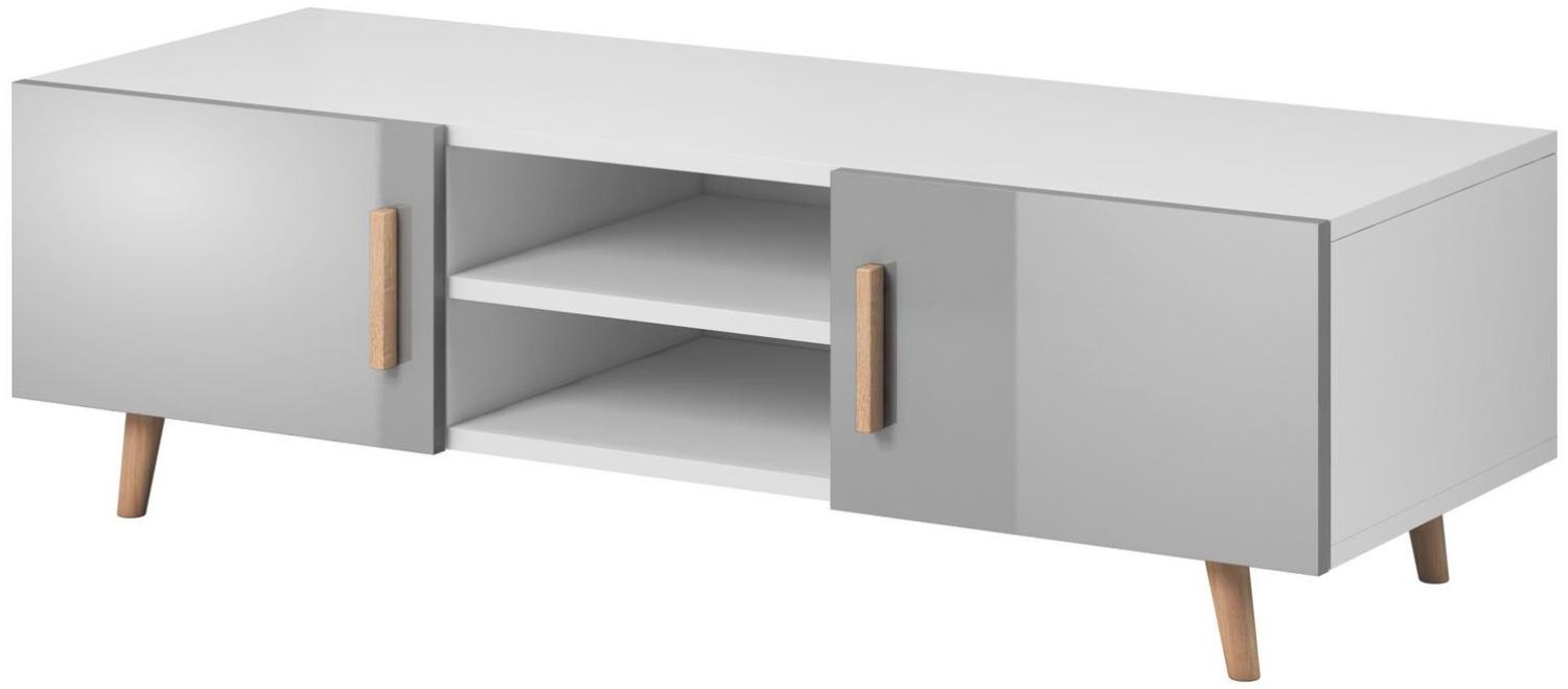 Domando Lowboard Terni M2 Skandinavisch für Wohnzimmer Breite 140cm, Holzfüße, Hochglanz, Weiß Matt und Grau Hochglanz Bild 1