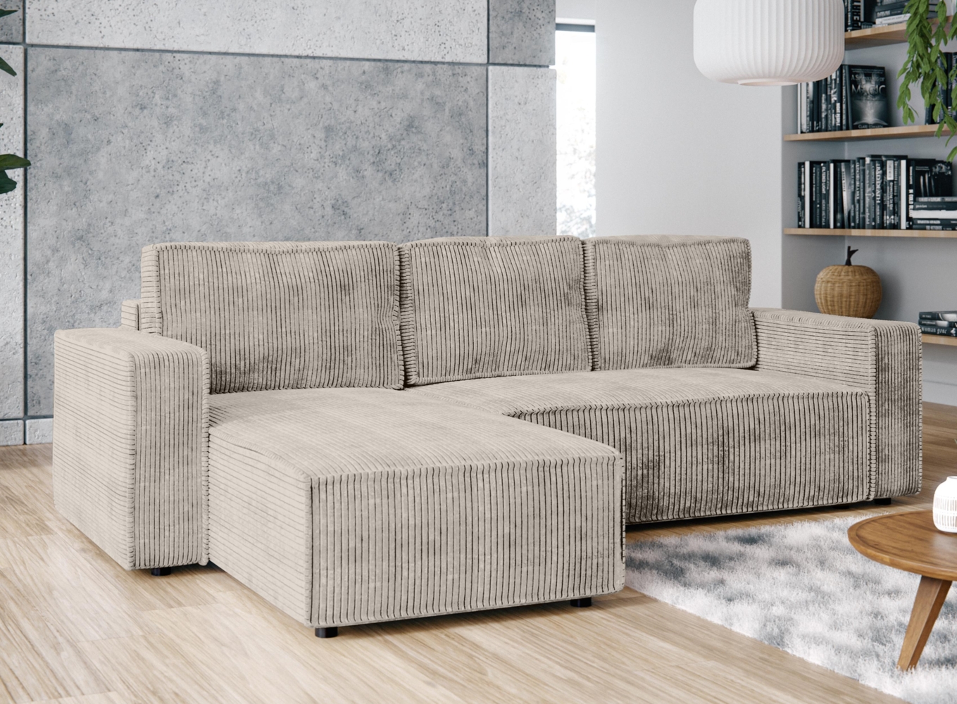 AX LIVING Ecksofa L Form Aydin Cord Schlafsofa Beige Schlaffunktion Bild 1