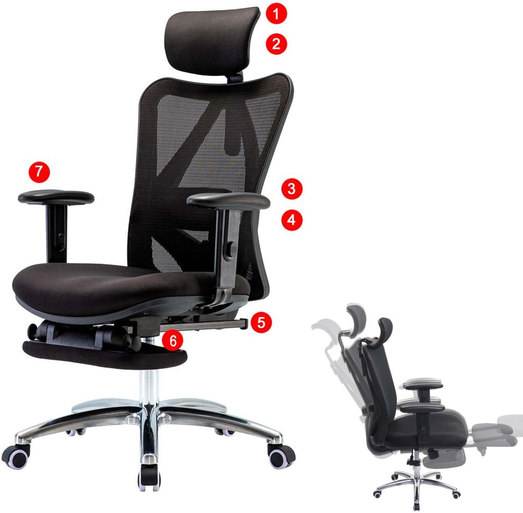 Bürostuhl HWC-J86, Schreibtischstuhl, ergonomisch, verstellbare Lordosenstütze 150kg belastbar ~ mit Fußstütze, schwarz Bild 1