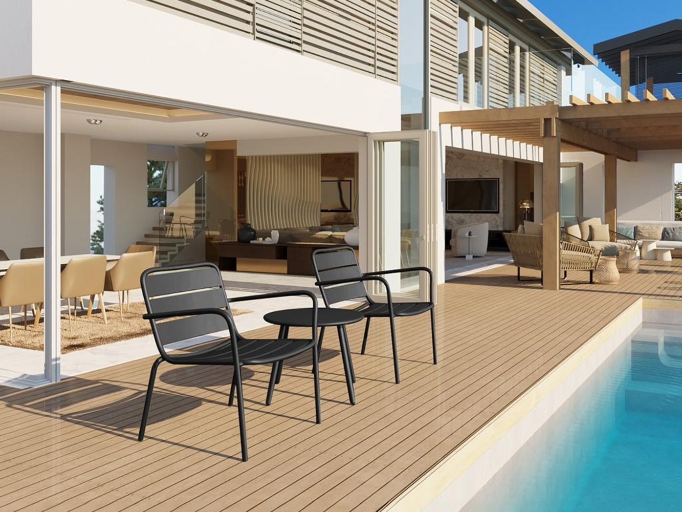 Vente-unique - Garten-Sitzgruppe: 2 niedrige, stapelbare Sessel + Beistelltisch rund - Metall - Schwarz - MIRMANDE von MYLIA Bild 1
