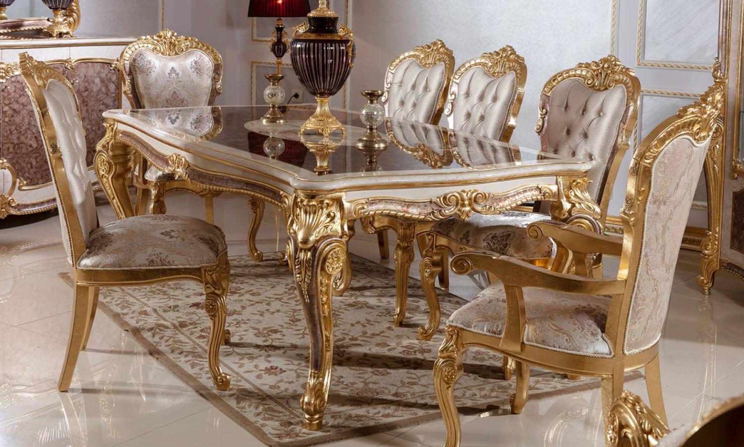 Casa Padrino Luxus Barock Esszimmer Set Weiß / Silber / Braun / Gold - 1 Barock Esstisch & 6 Barock Esszimmerstühle - Barock Esszimmer Möbel - Edel & Prunkvoll Bild 1