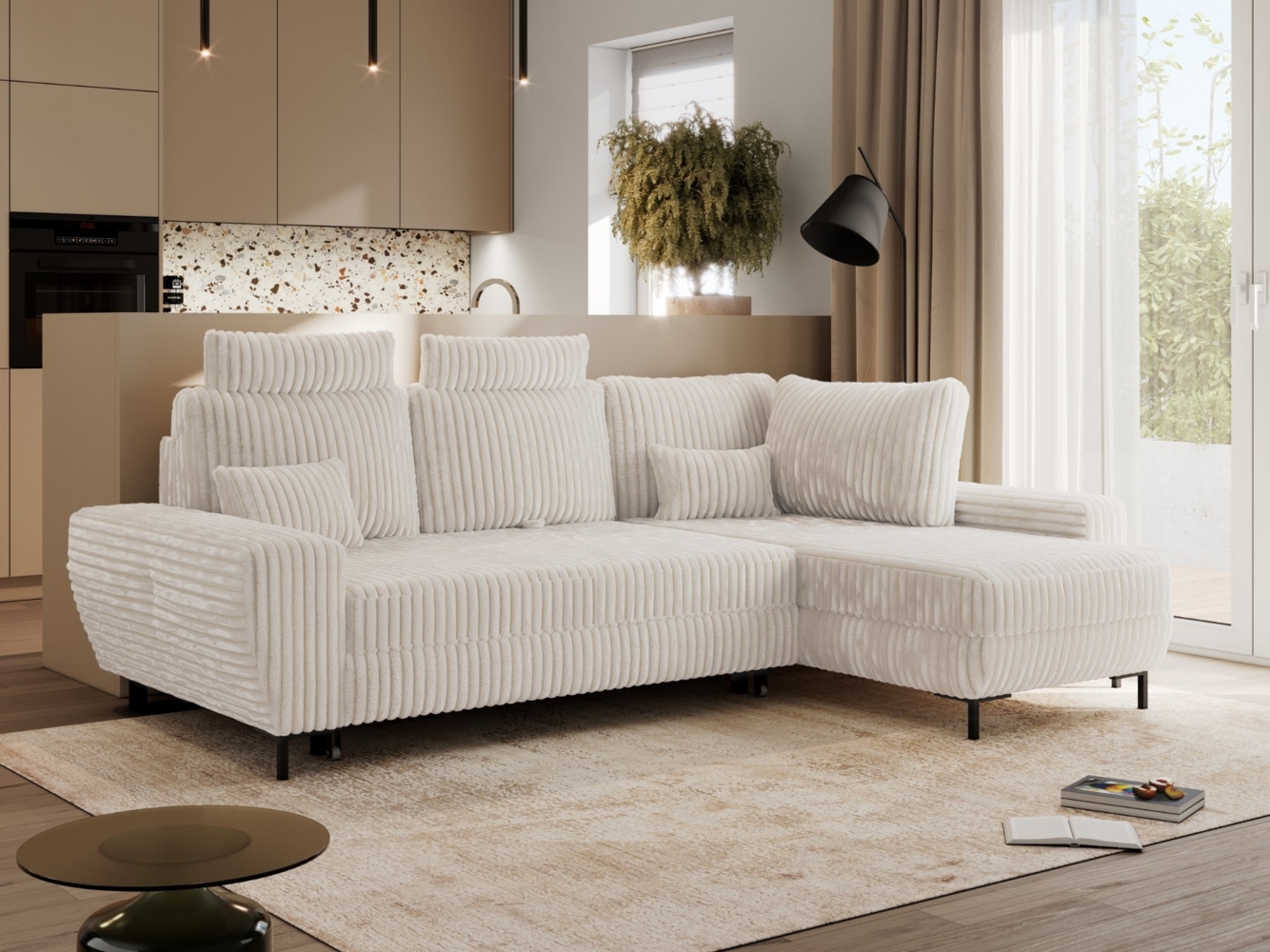 Ecksofa mit Schlaffunktion und Bettkasten für das Wohnzimmer, auf schwarzen Metallbeinen, mit losen Kissen - FLAVIA - Beige Cord - rechte Seite Bild 1