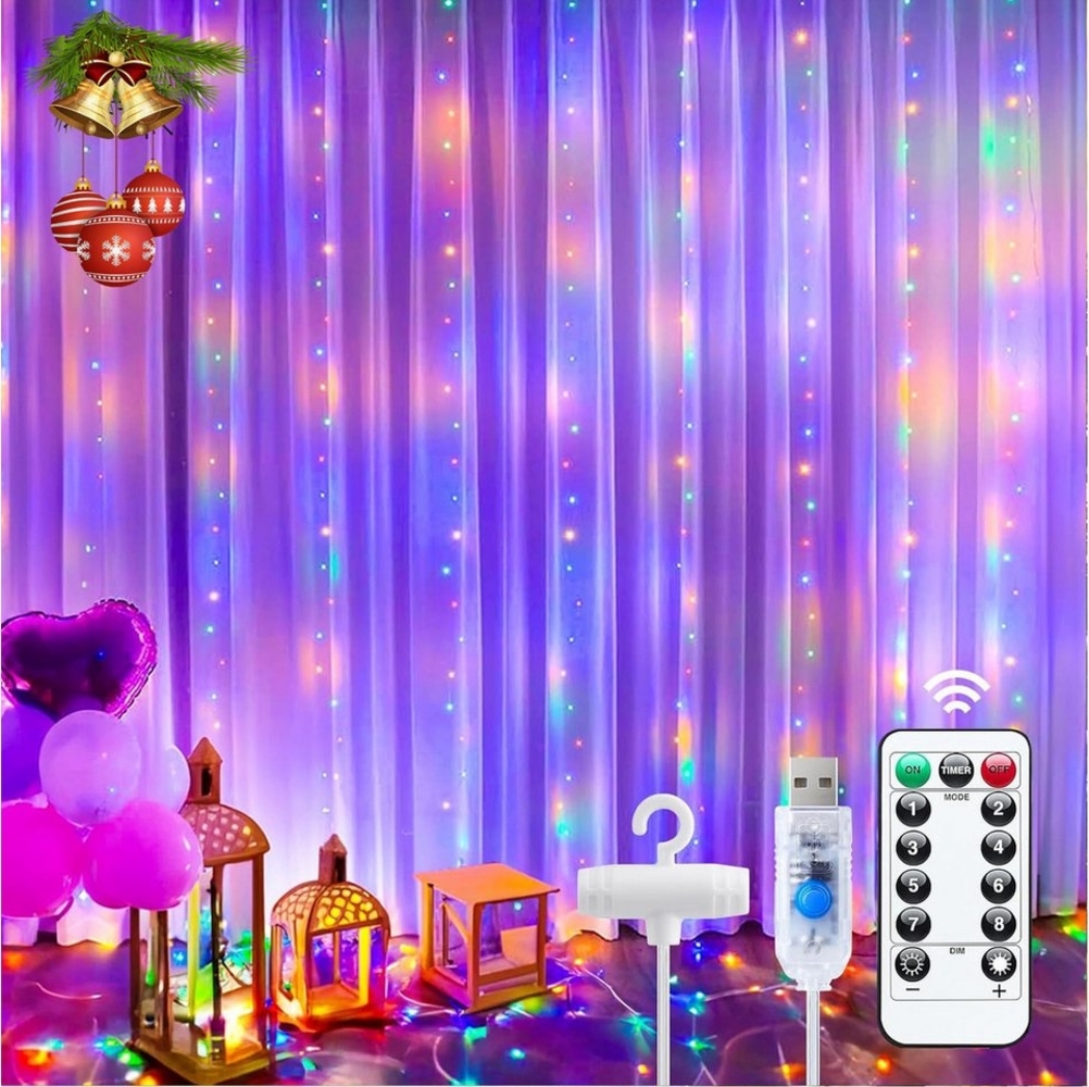 Qualra LED-Lichtervorhang 100/200/300LEDs 8 Modi Lichtervorhang Fenster Innen Weihnachten, 3x1M/3x2M/3x3M USB mit Fernbedienung Vorhang Lichterkette Bild 1