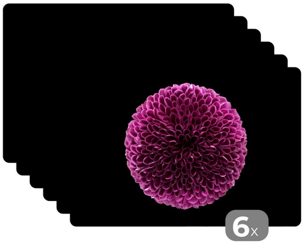 MuchoWow Platzset Eine kugelförmige lila Chrysanthemenblüte auf schwarzem Hintergrund, (6-St), Platzsets, Tischset, Abwaschbar, Tischsets, Platzdeckchen Bild 1