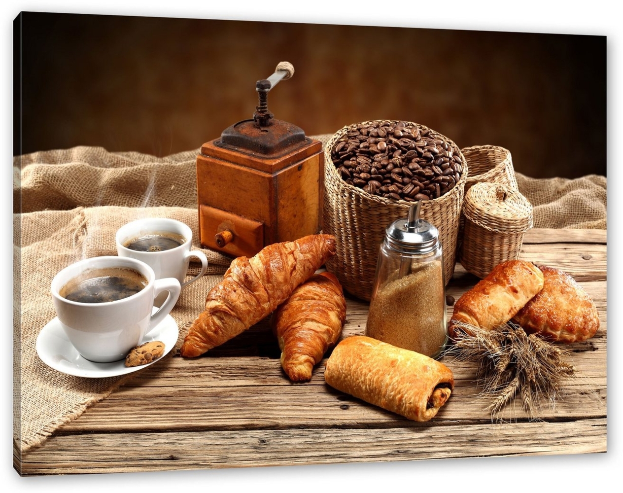 Pixxprint Leinwandbild Aromatischer Kaffee mit Croissant, Aromatischer Kaffee mit Croissant (1 St), Leinwandbild fertig bespannt, inkl. Zackenaufhänger Bild 1