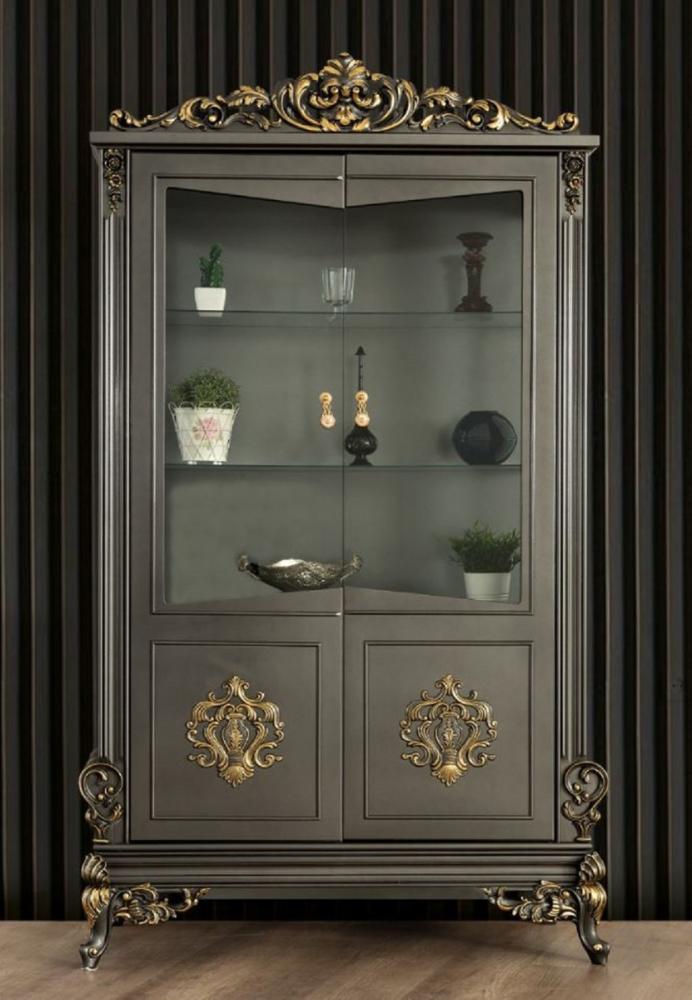 Casa Padrino Luxus Barock Wohnzimmer Vitrine Grau / Gold 130 x 55 x H. 210 cm - Prunkvoller Barock Vitrinenschrank mit 2 Glastüren - Edle Barock Möbel Bild 1