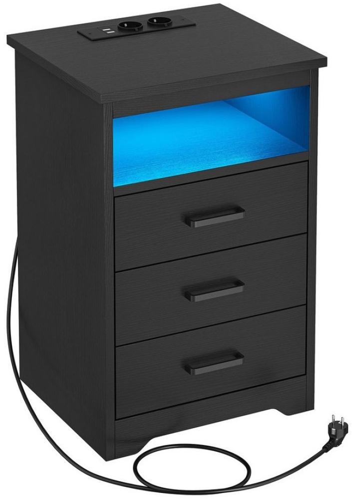 MSMASK Nachttisch mit LED-Beleuchtung, Sofatisch mit Ladestation und 3 Schubladen, Schwarz Bild 1