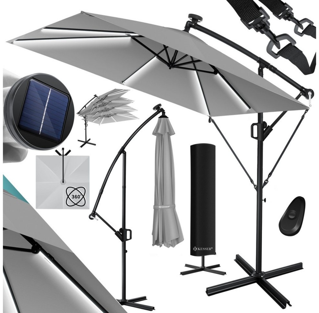 KESSER® 'Holly' Ampelschirm mit LED Solar und Ständer, inkl. Abdeckung und Windsicherung mit Kurbel, Aluminium hellgrau, Ø 350 cm Bild 1