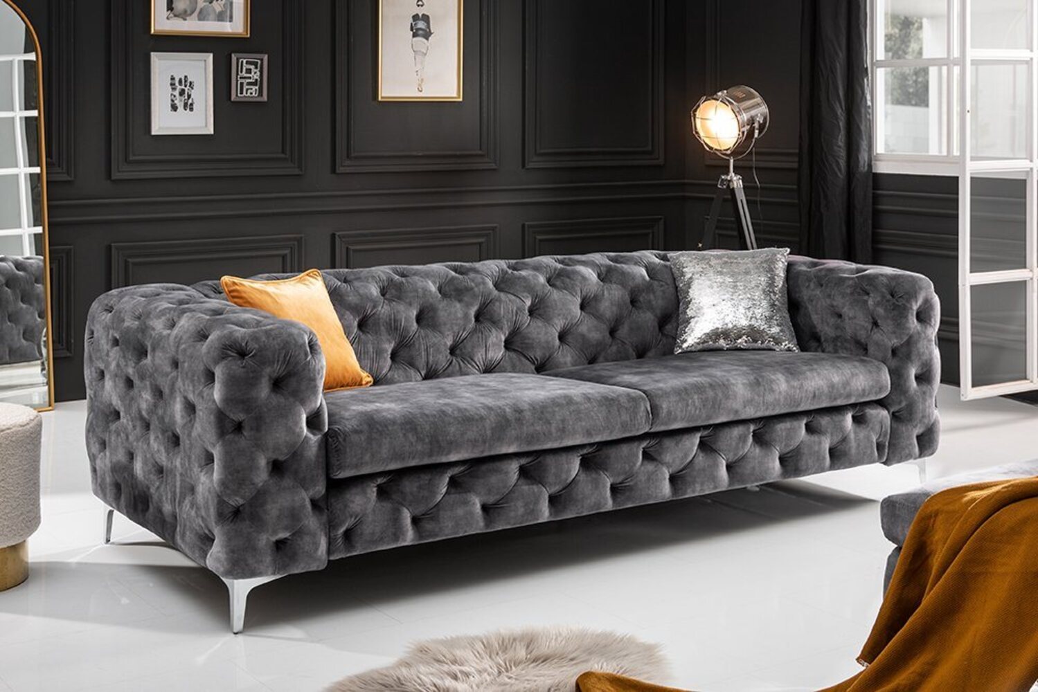 riess-ambiente Sofa MODERN BAROCK 235cm dunkelgrau / silber, Einzelartikel 1 Teile, Wohnzimmer · Samt · 3-Sitzer · Federkern · Chesterfield Bild 1