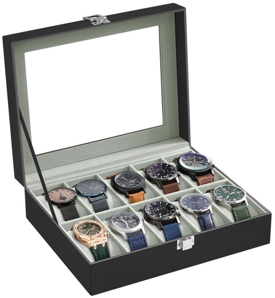 SONGMICS Uhrenbox mit 10 Fächern, Uhrenkasten mit Glasdeckel, Uhrenkoffer mit Herausnehmbaren Uhrenkissen, SAMT-Innenfutter, Metallverschluss, aus PU, Schwarz JWB010BK, Grau, 25,4 x 7,8 x 20,2 cm Bild 1