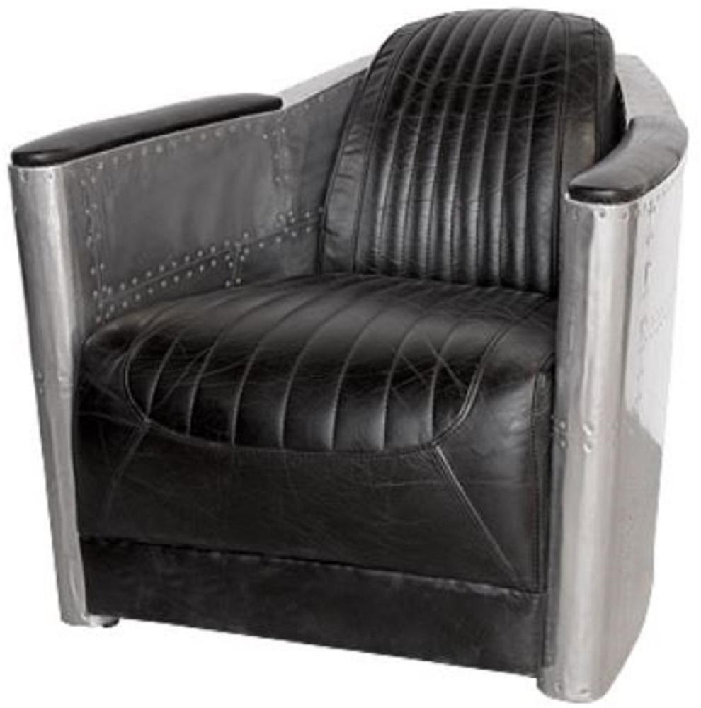 Casa Padrino Art Deco Aluminium Echtleder Sessel Schwarz / Silber 74,5 x 94 x H. 78 cm - Club Sessel - Lounge Sessel - Flugzeug Flieger Möbel Bild 1